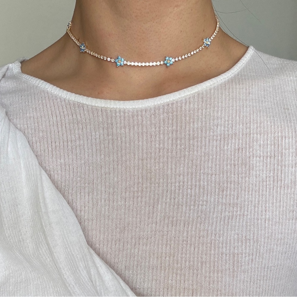 Daisy Flower Gold Dainty CZ Tennis Choker Necklace (Baby Blue Flower)